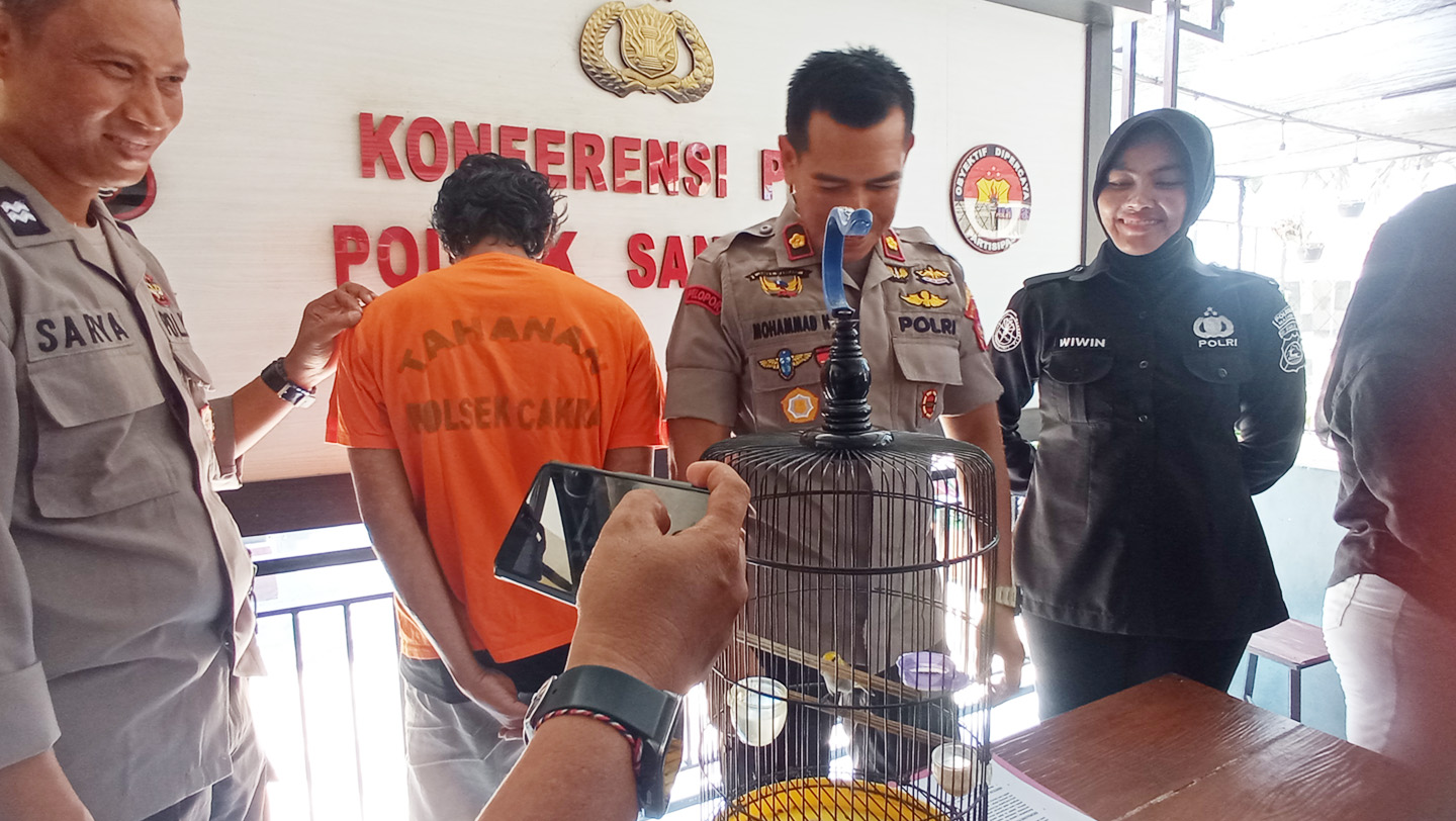 Kapolsek Sandubaya Kompol Muhammad Nasrullah menunjukkan burung dan sangkarnya yang dicuri S.