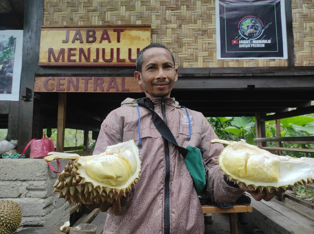 MENJANJIKAN: Jabat Menjulu menunjukkan hasil buah durian kane miliknya, beberapa waktu lalu.(FERIAL/LOMBOK POST)