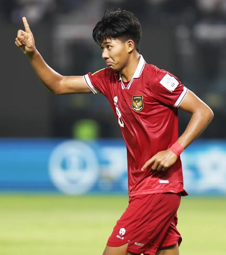 Pemain Indonesia Arkhan Kaka mencetak gol ke gawang Ekuador.