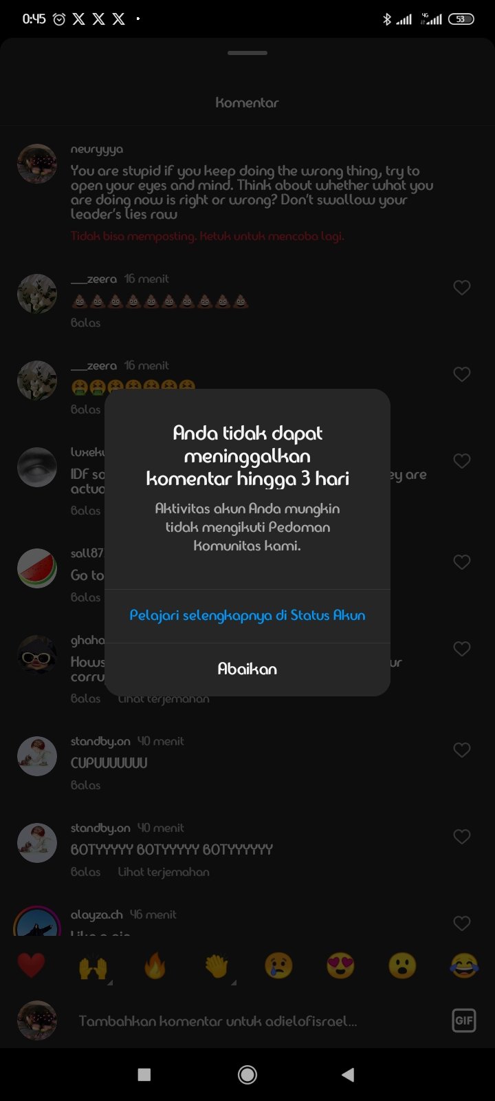 SILATURAHMI ONLINE: Salah satu netizen Indonesia menujukkan pembatasan yang dilakukan pengelola Instagram terhadap akunnya karena menyerang akun anggota militer Isarel bersama netizen yang lain.
