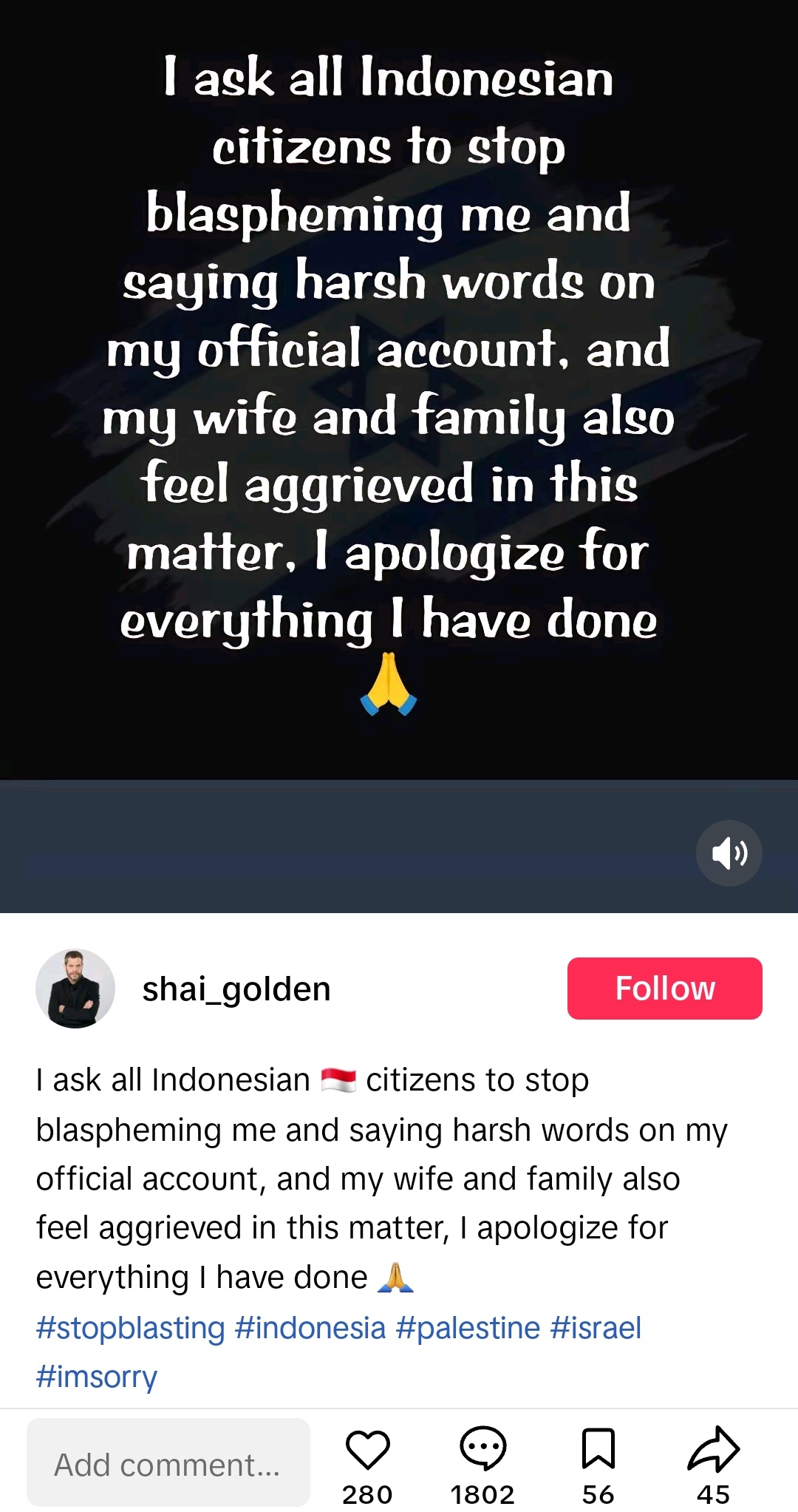 TAK KUAT DIHUJAT: Salah satu akun medsos yang diduga milik anggota tentara Israel (IDF) menyampaikan permohonaan maafnya ke warga Indonesia (Tangkapan layar Twitter @Greschinov)