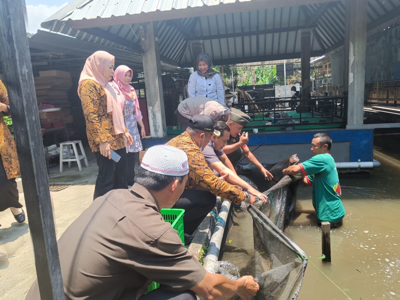 Sejumlah masyarakat di Lingkungan Pengempel Indah menjaring ikan di tempat budi daya ikan air tawar, beberapa waktu lalu.