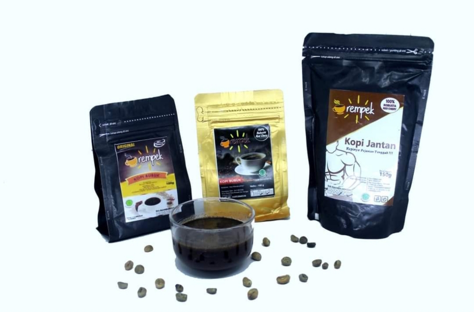KOPI ROBUSTA REMPEK: Sejumlah produk kopi robusta Desa Rempek Kecamatan Gangga, Lombok Utara yang sudah dikemas. (IST/LOMBOK POST)