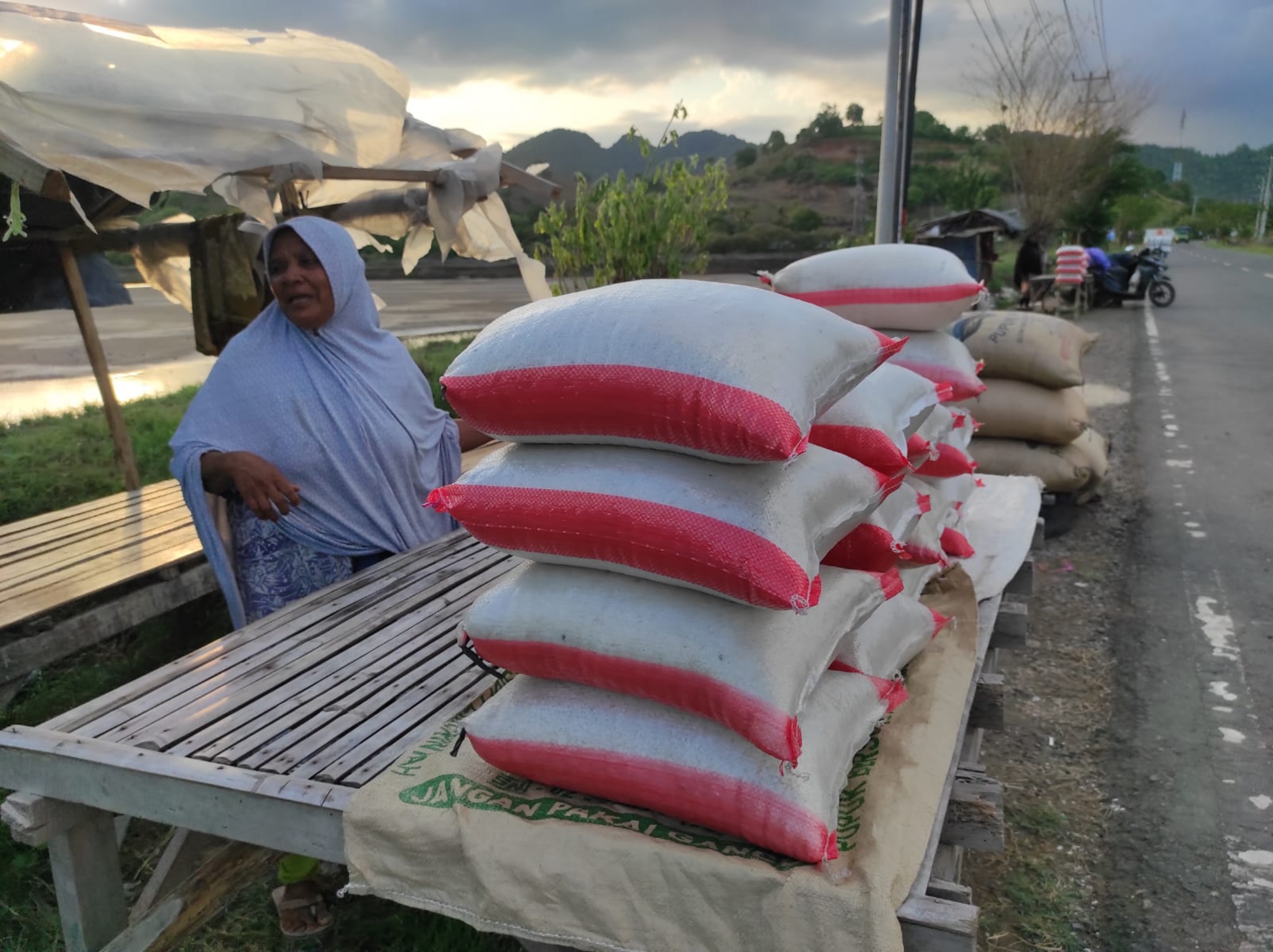PRODUKSI BERKURANG: Mak Wia saat menjual garam di pinggir tambak miliknya, di jalan raya lintas Sumbawa-Bima, belum lama ini. (FERIAL/LOMBOK POST)