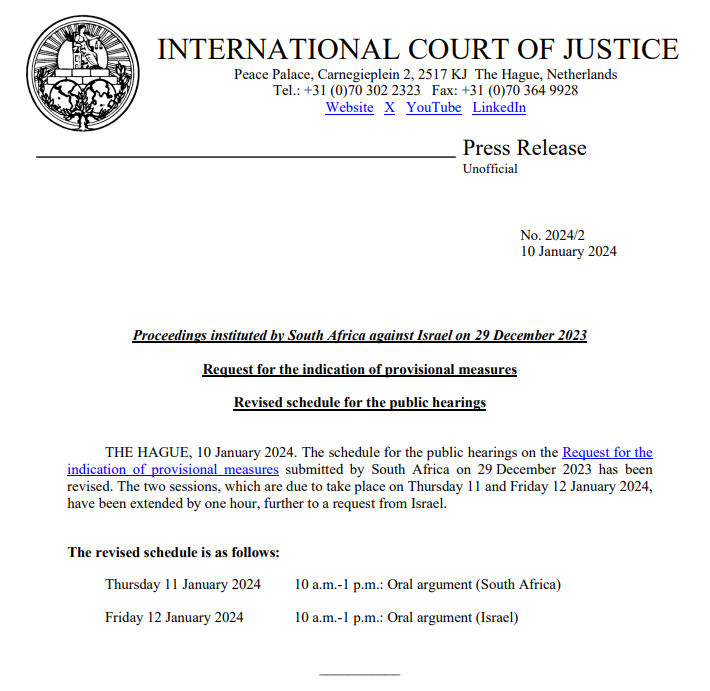 PROSES HUKUM: Siarab pers dikeluarkan Mahkamah Internasional (ICJ)  terkait jadwal sidang dengar pendapatan gugatan Afrika Selatan terhadap Israel. (tangkapan layar X @CIJ_IJC)