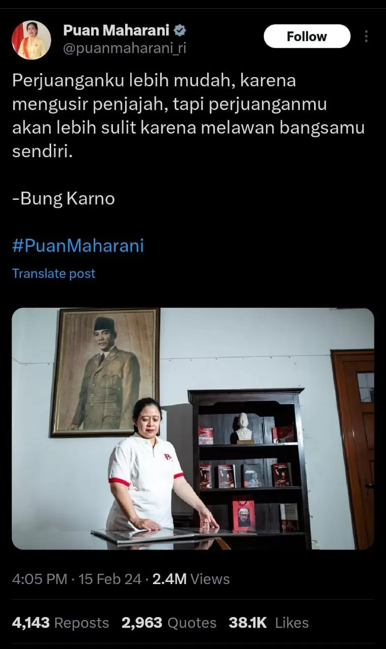 Puan Maharani mengunggah kutipan dari Bung Karno di akun X-nya (Tangkapan layar akun X Puan Maharani)