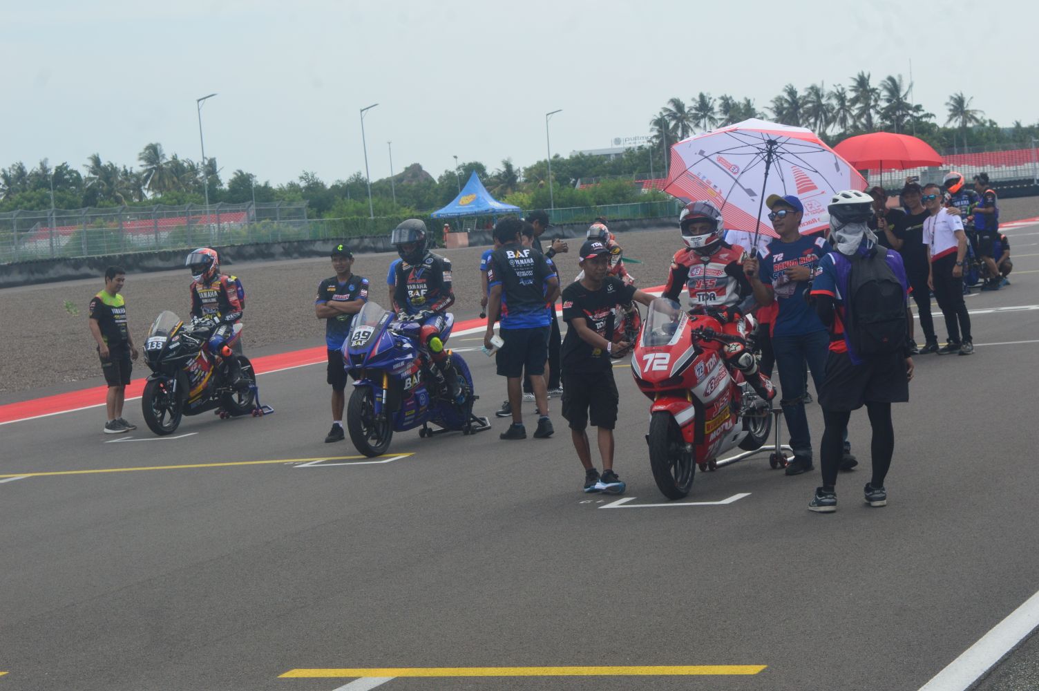 Para pembalap bersiap adu cepat pada kelas National Super Sport 250 cc Mandalika Racing Series 2024, di Sirkuit Internasional Mandalika, Sabtu (2/3).
