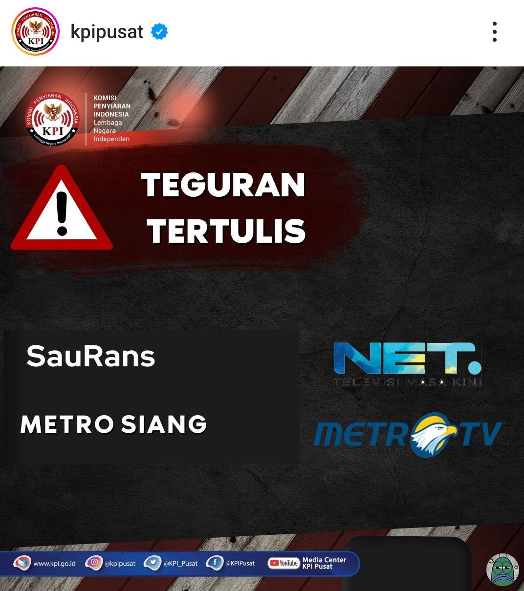 Teguran tertulis yang dilayangkan KPI Pusat kepada acara Saurans dan Metro Siang. (Tangkapan layar Instagram @kpipusat)