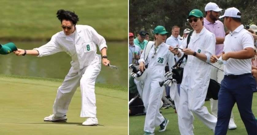 JADI CADDY: Ryu Jun Yeol tampil sebagai Caddy di Kontes Par 3 di Augusta National Golf Club di Georgia, Amerika Serikat, pada Rabu (10/4).