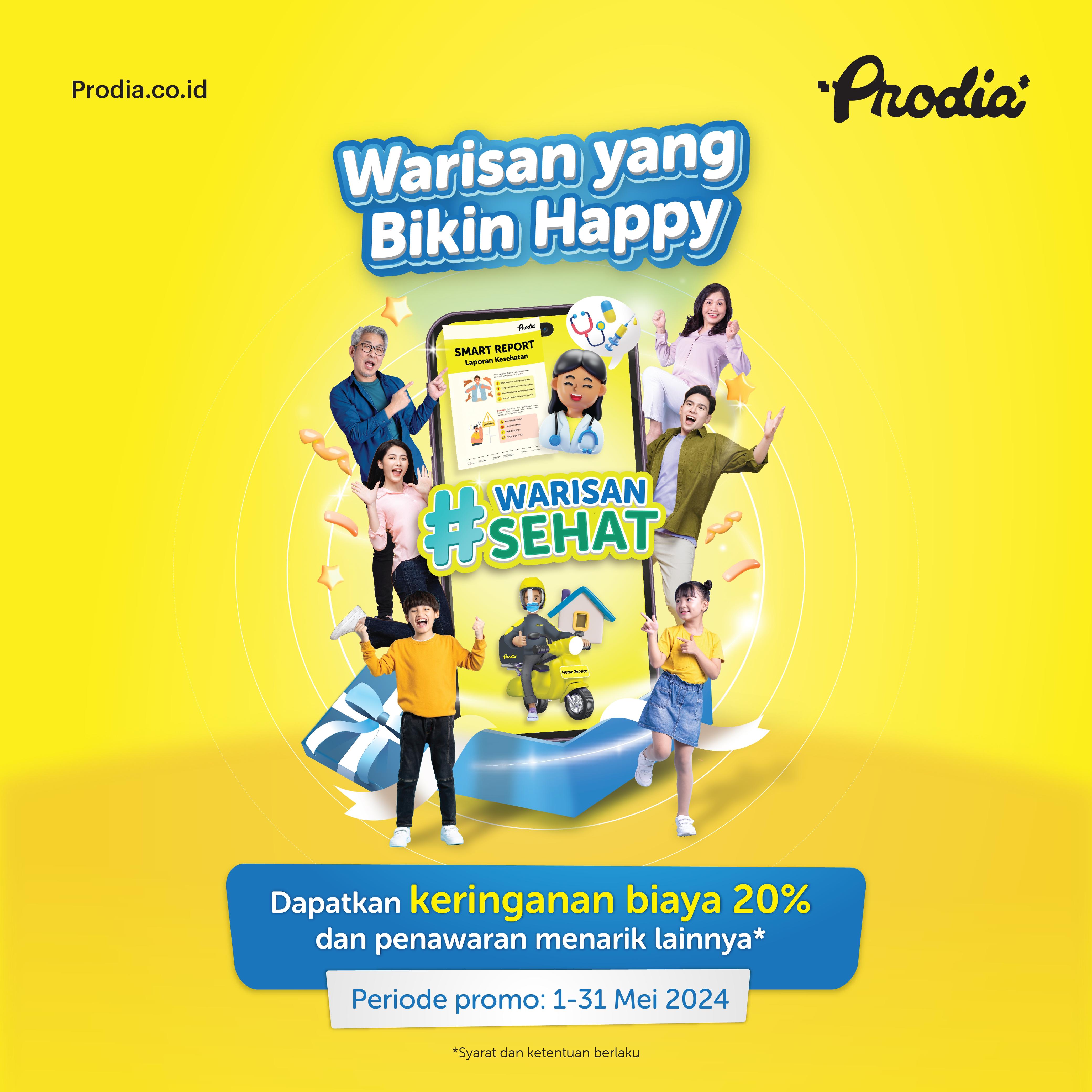 Prodia menyediakan keringanan biaya 20 persen untuk semua pemeriksaan dan keringanan 25 persen  untuk Panel ProHealthy Life 1-4  selama bulan Mei 2024
