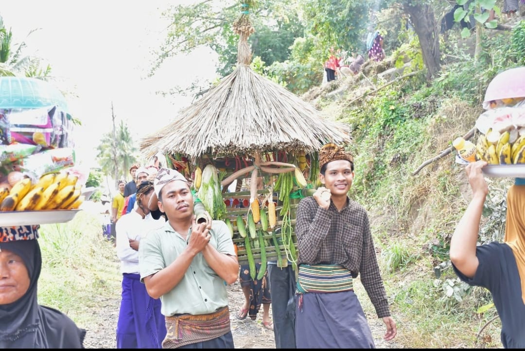 BAWA SAMBI: Beberapa warga menggotong membawa Sambi yang menjadi salah satu wajib dibuat saat Roah Bedugulan dilakukan di Desa Kayangan, beberapa hari lalu. (EDI FOR LOMBOK POST)