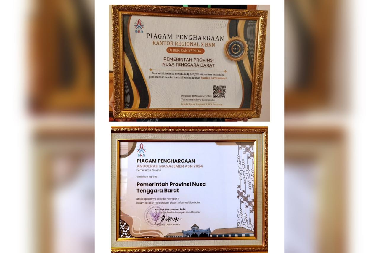 Dua penghargaan yang diraih Pemprov NTB, diberikan oleh BKN RI di November ini.