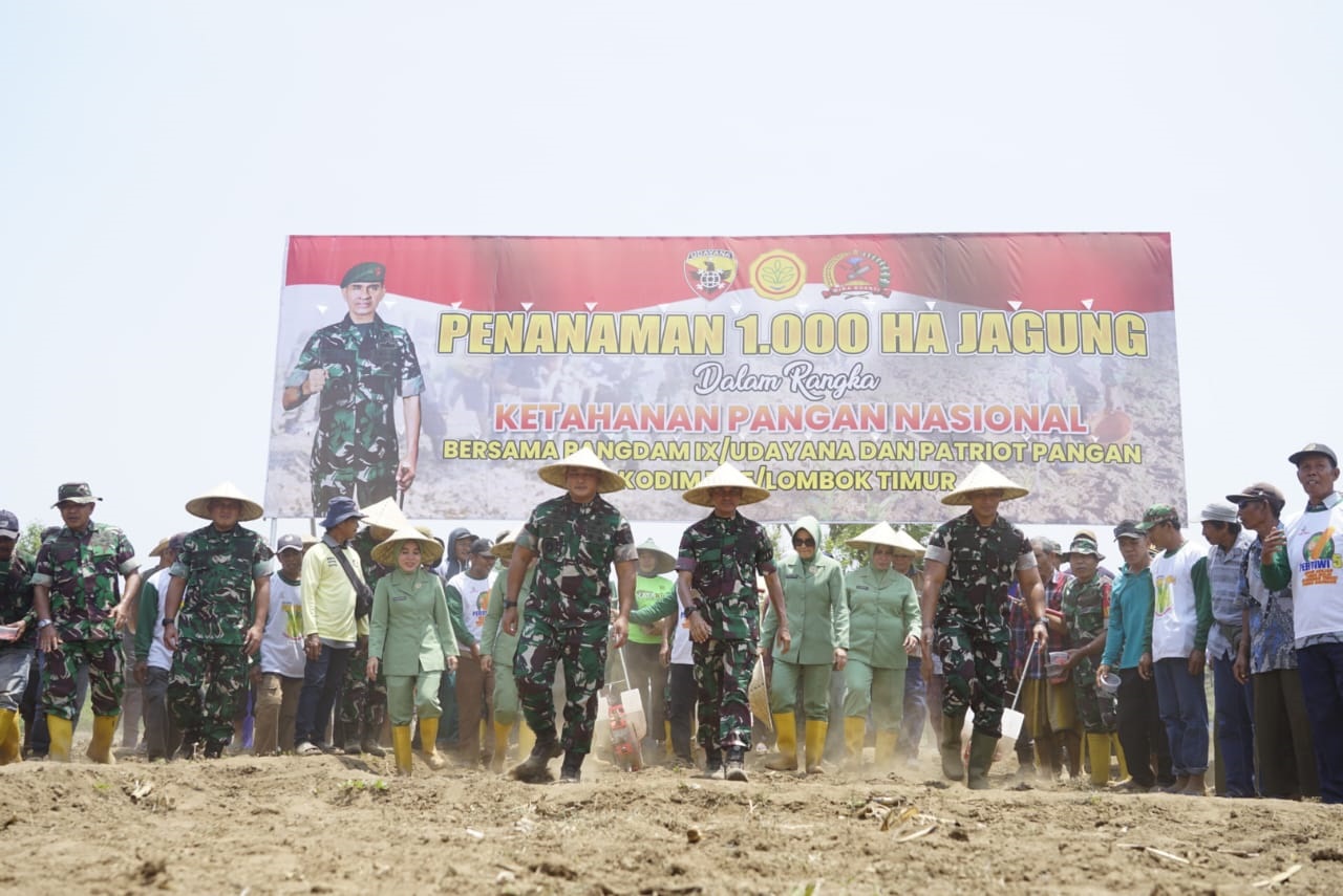 Pangdam IX/Udayana Mayjen Muhammad Zamroni didampingi Danrem 162/Wira Bhakti Brigjen Agus Bhakti saat menanam jagung di Pringgabaya Utara, Lombok Timur, kemarin.