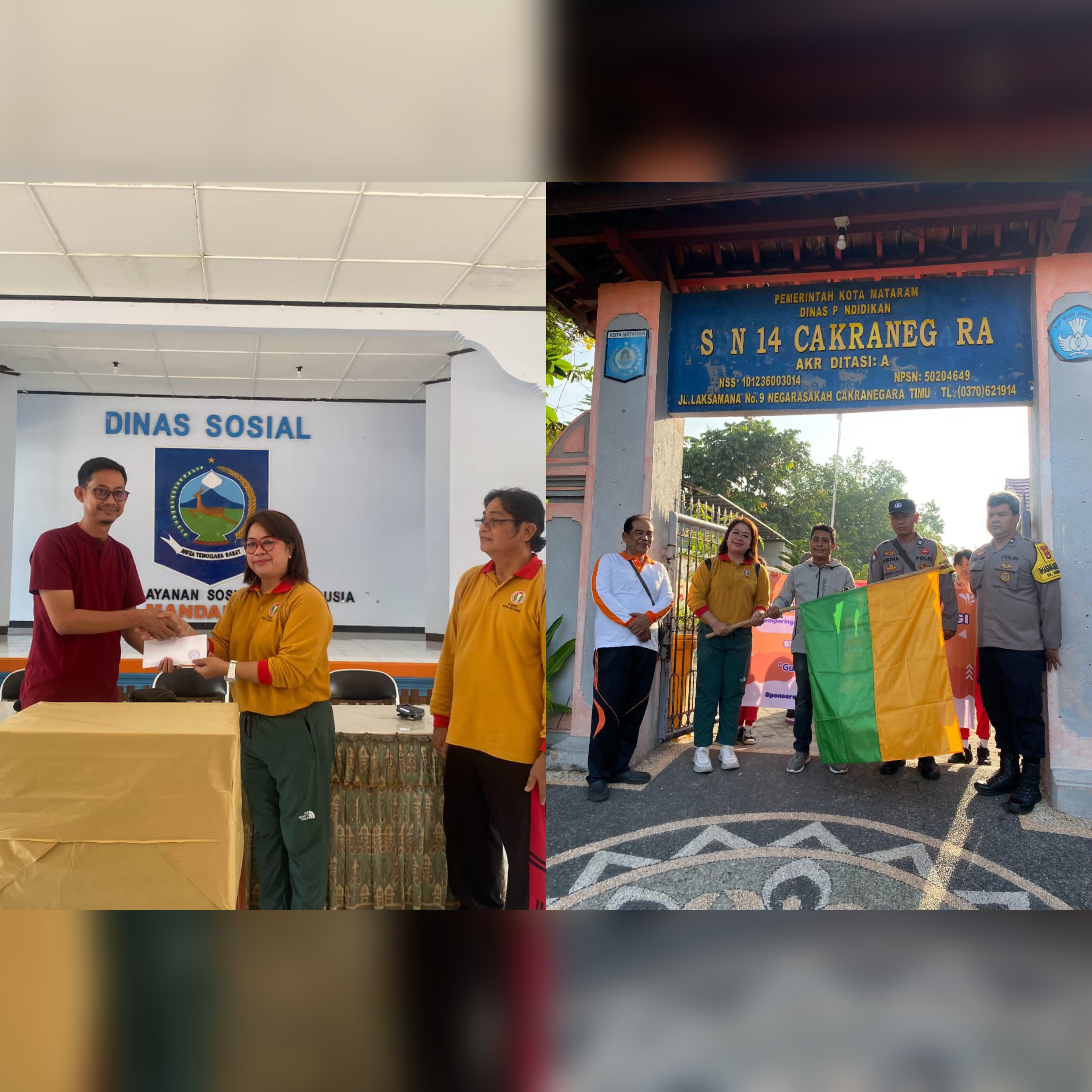 SDN 14 Cakranegara saat membagikan sumbangan kepada PSLU Mandalika (kiri) dan gerak jalan santai (kanan), dalam memeringati HUT PGRI ke-79 dan Hari Guru Nasional 2024, Sabtu (23/11).
