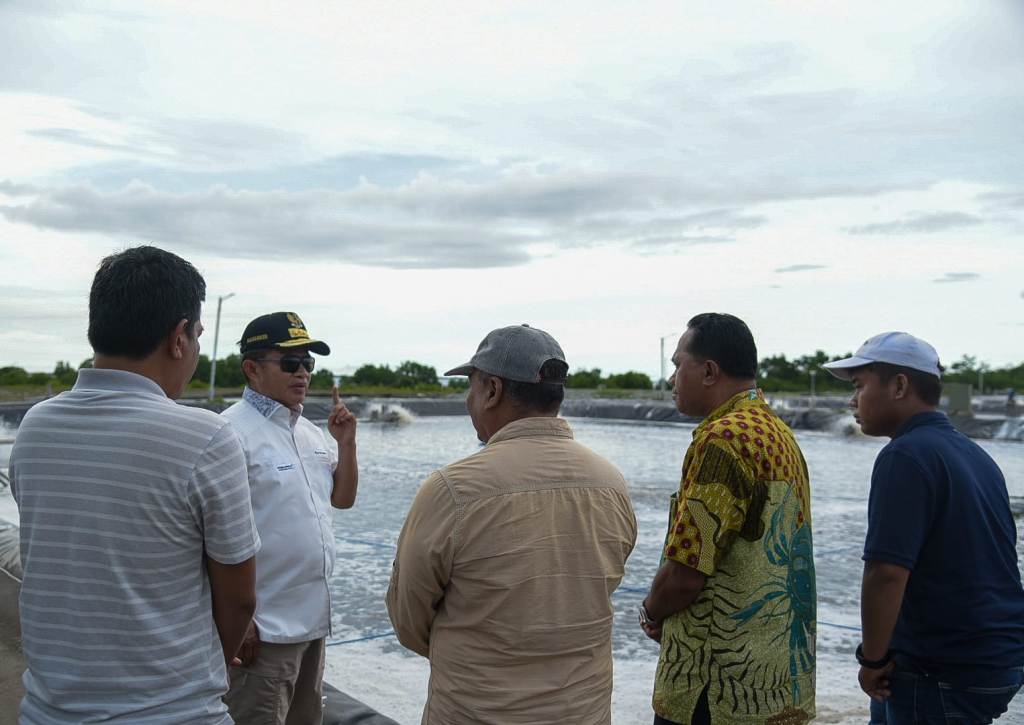 POTENSI DAERAH: Pj Gubernur Hassanudin (kemeja putih) saat berdiskusi dengan pemda dan masyarakat setempat, di lokasi panen udang di Kecamatan Buer, Sumbawa di akhirJanuari lalu.