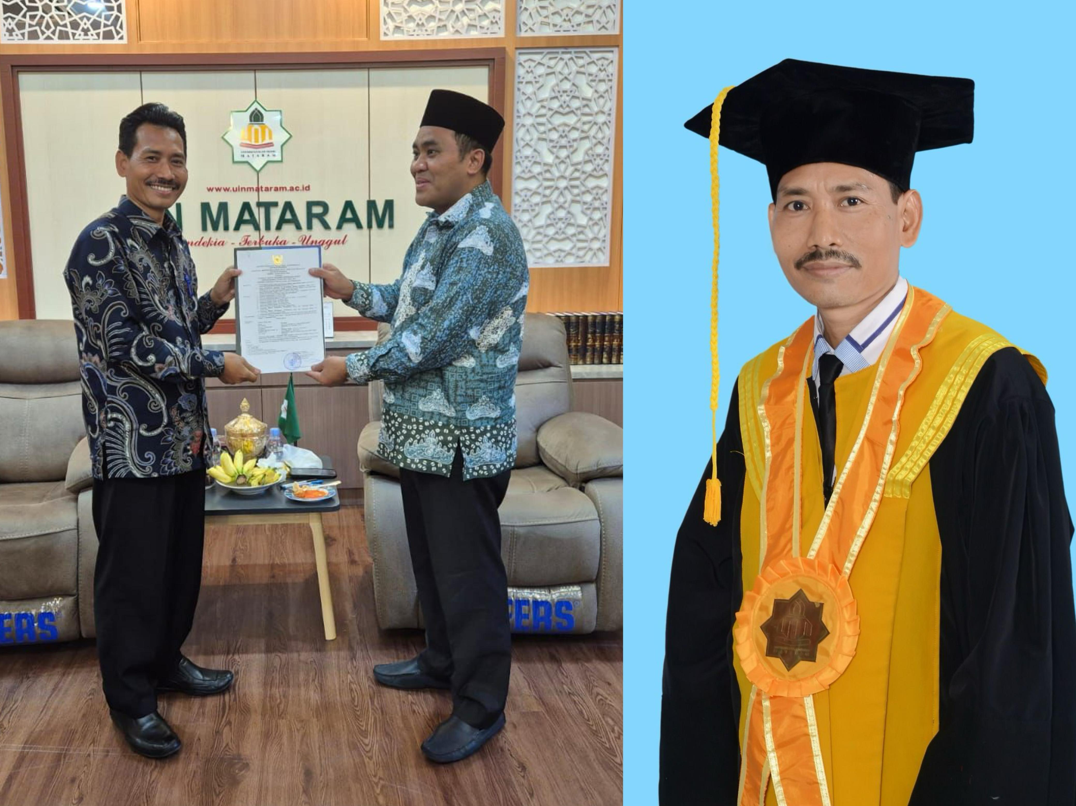SELAMAT YA: Prof. Dr. Nuruddin, S.Ag., M.Si (kiri) dengan menerima SK Guru Besar UIN Mataram dari Rektor UIN Mataram Prof. Dr. Masnun Tahir, M.Ag, pada tanggal 9 Januari 2025 lalu.