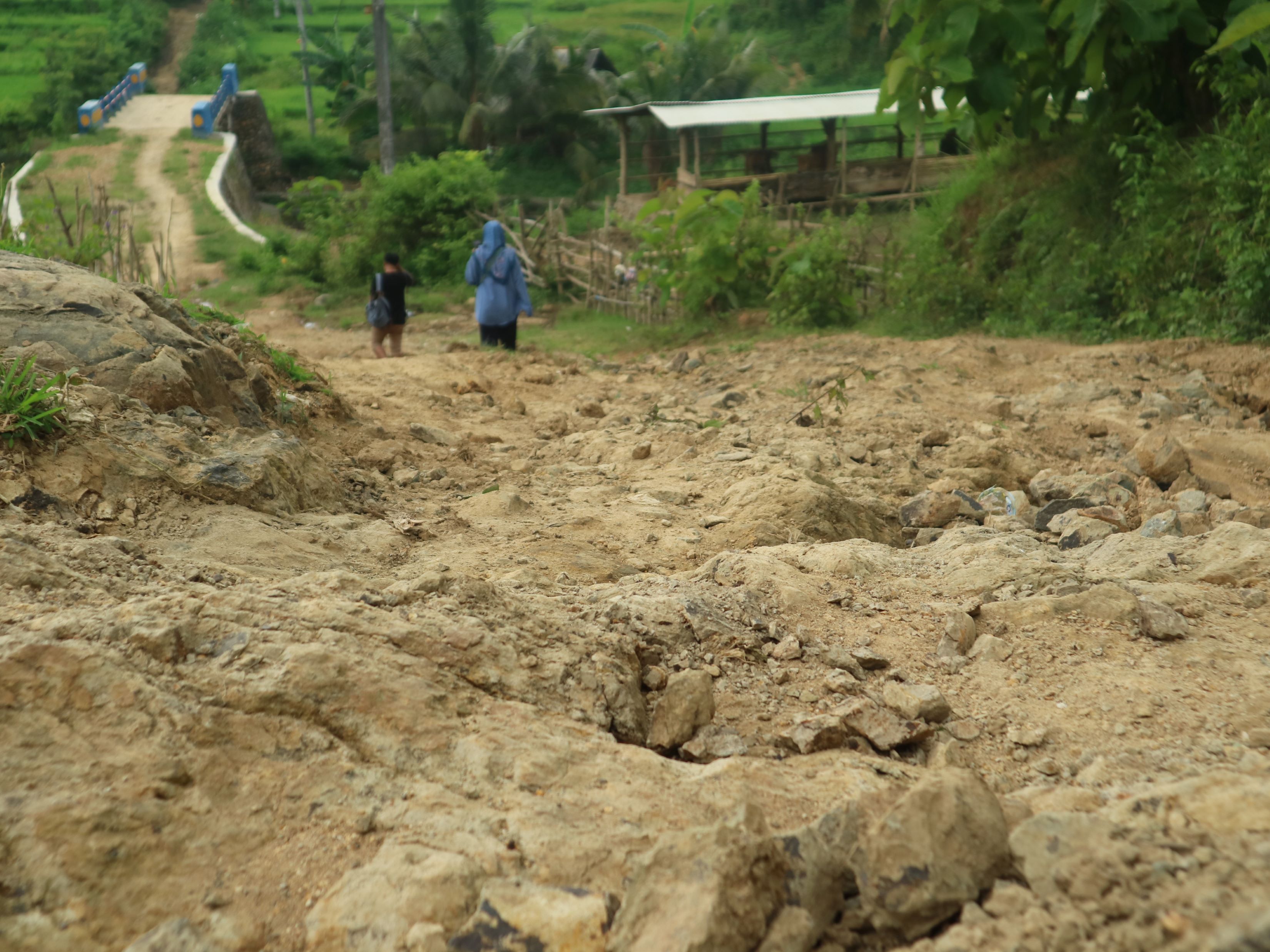 SULIT DIAKSES: Jalan desa yang rusak parah di Dusun Pemoles, Desa Batu Jangkih, Kecamatan Praya Barat Daya, Loteng, Selasa (18/2). Jalan ini mendadak viral pasca video warga menandu yang sakit.
