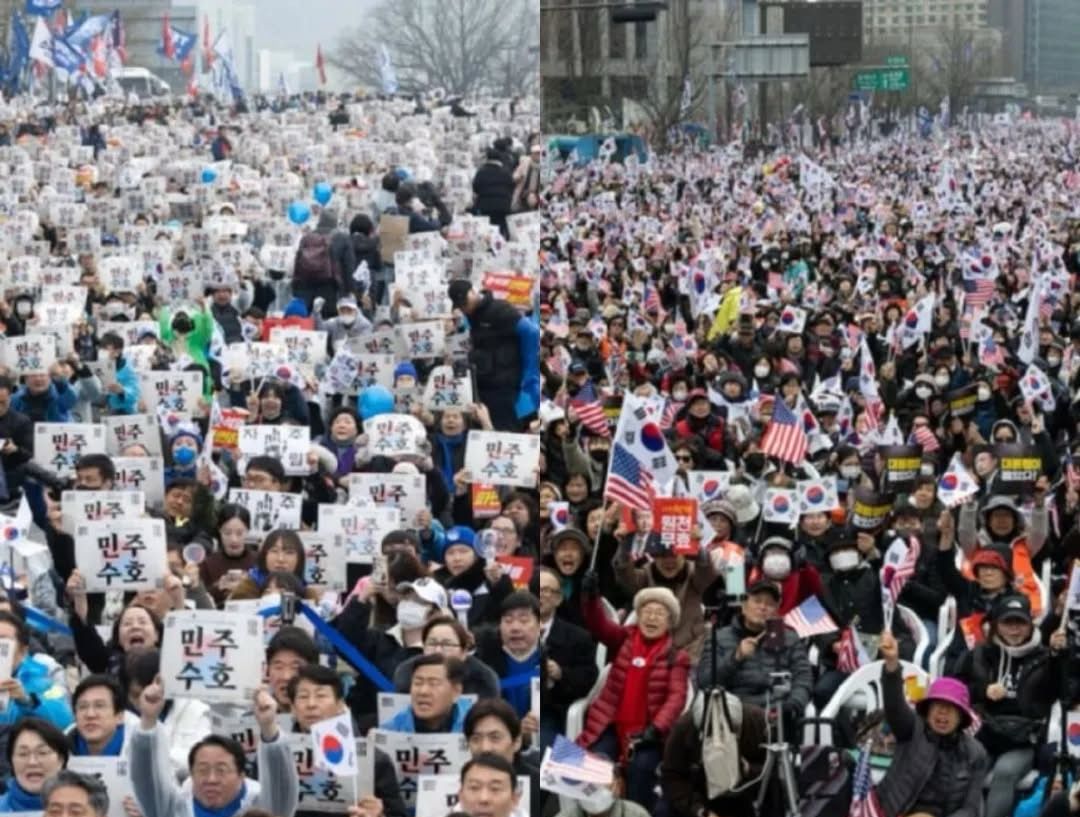 Dua kubu demonstran yang pro dan kontra terhadap pemakzulan Presiden Yoon Seok Yeol.