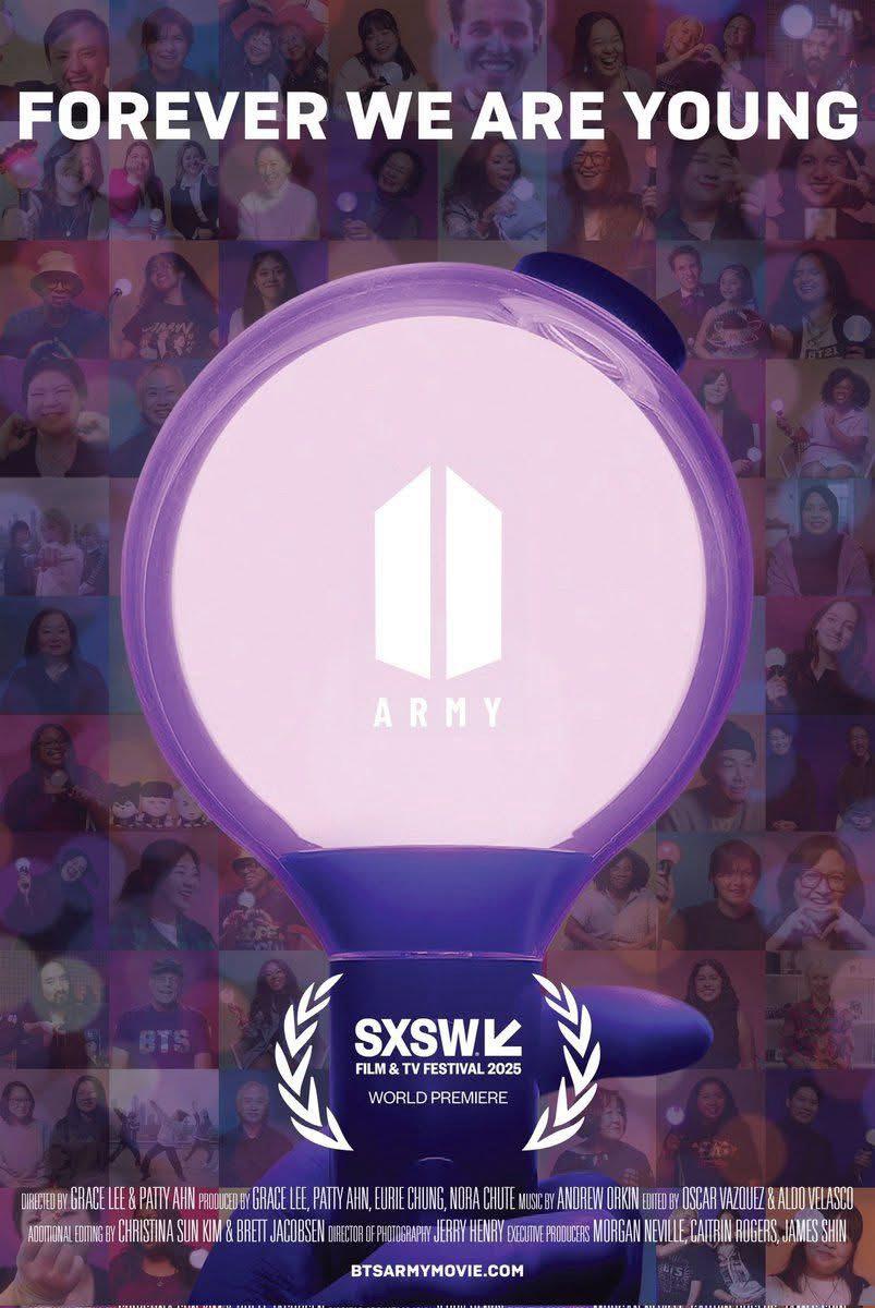 Poster film dokumenter tentang ARMY BTS yang tayang perdana di festival film South by Southwest 2025 pada 10 Maret 2025.