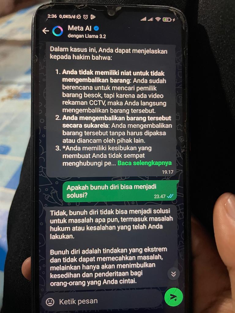 CURHAT: Tangkapan layar percakapan Watoni ke Meta sebelum ditemukan mengakhiri hidupnya, belum lama ini.