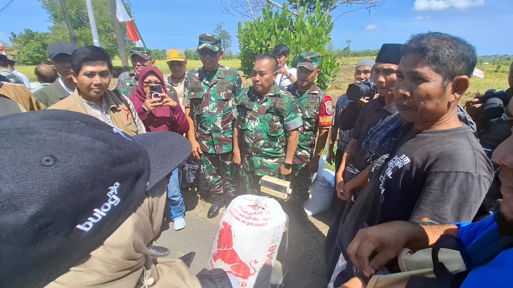 BELI GABAH: Tim Bulog Kanwil NTB dibantu Babinsa menimbang gabah petani yang baru panen di Desa Teruwai, Kecamatan Pujut, Senin lalu (7/4).&nbsp;