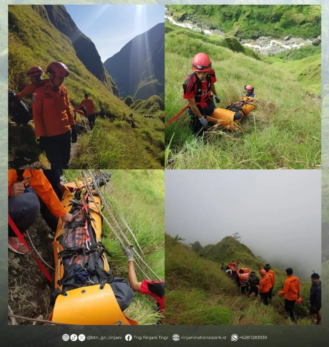 Proses evakuasi korban meninggal dunia wisatawan Malaysia di jalur Torean Gunung Rinjani, Minggu (4/5).