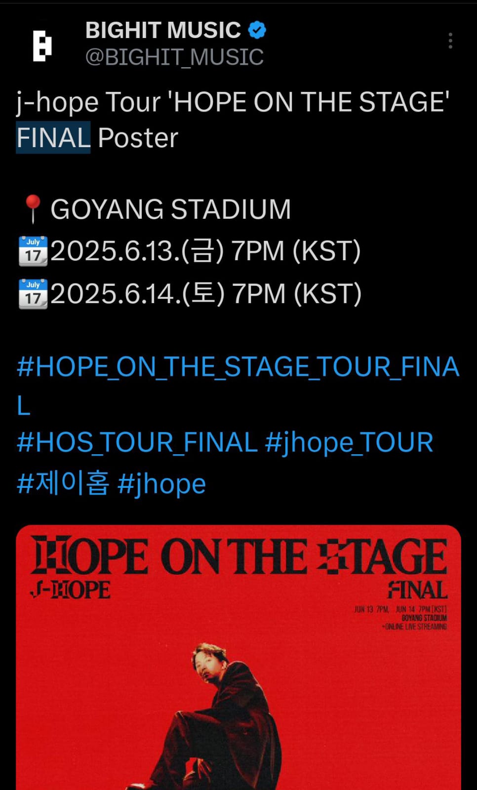 Postingan pengumuman konser Encore HOPE ON THE STAGE J-Hope BTS