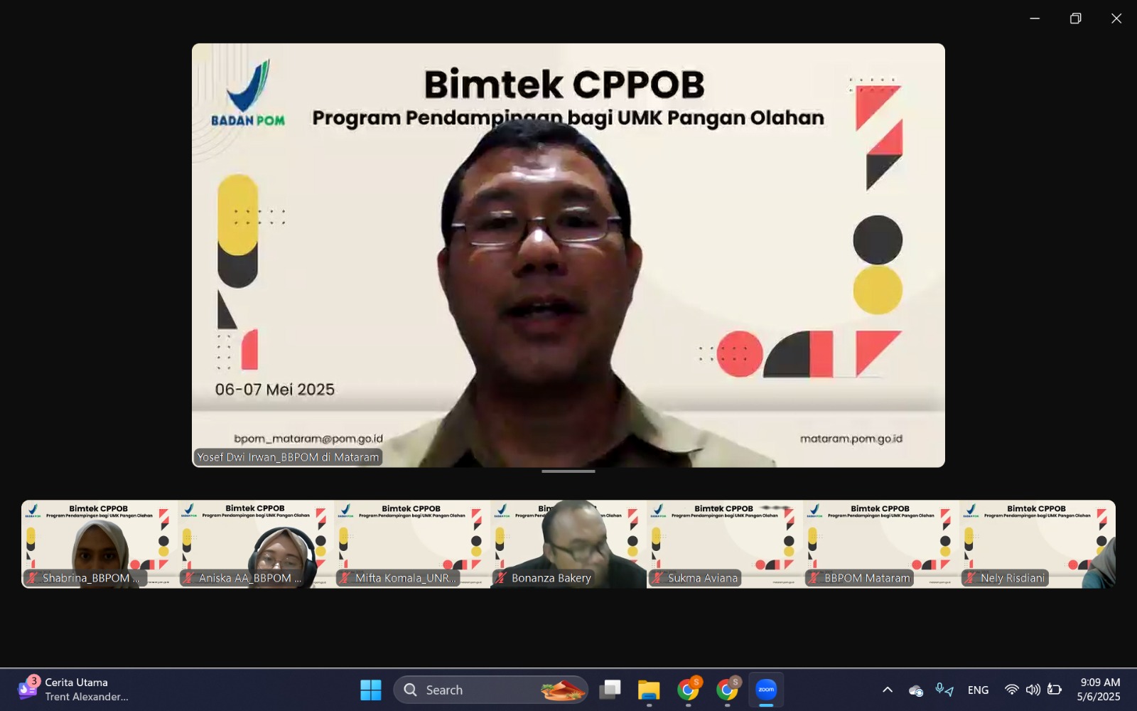 BIMTEK DARING: Kepala BBPOM Mataram Yosef Dwi Irwan saat menyampaikan materi Bimtek secara daring Cara Produksi Pangan Olahan yang Baik (CPPOB) untuk UMKM secara daring pada Senin-Selasa (5-6/5).