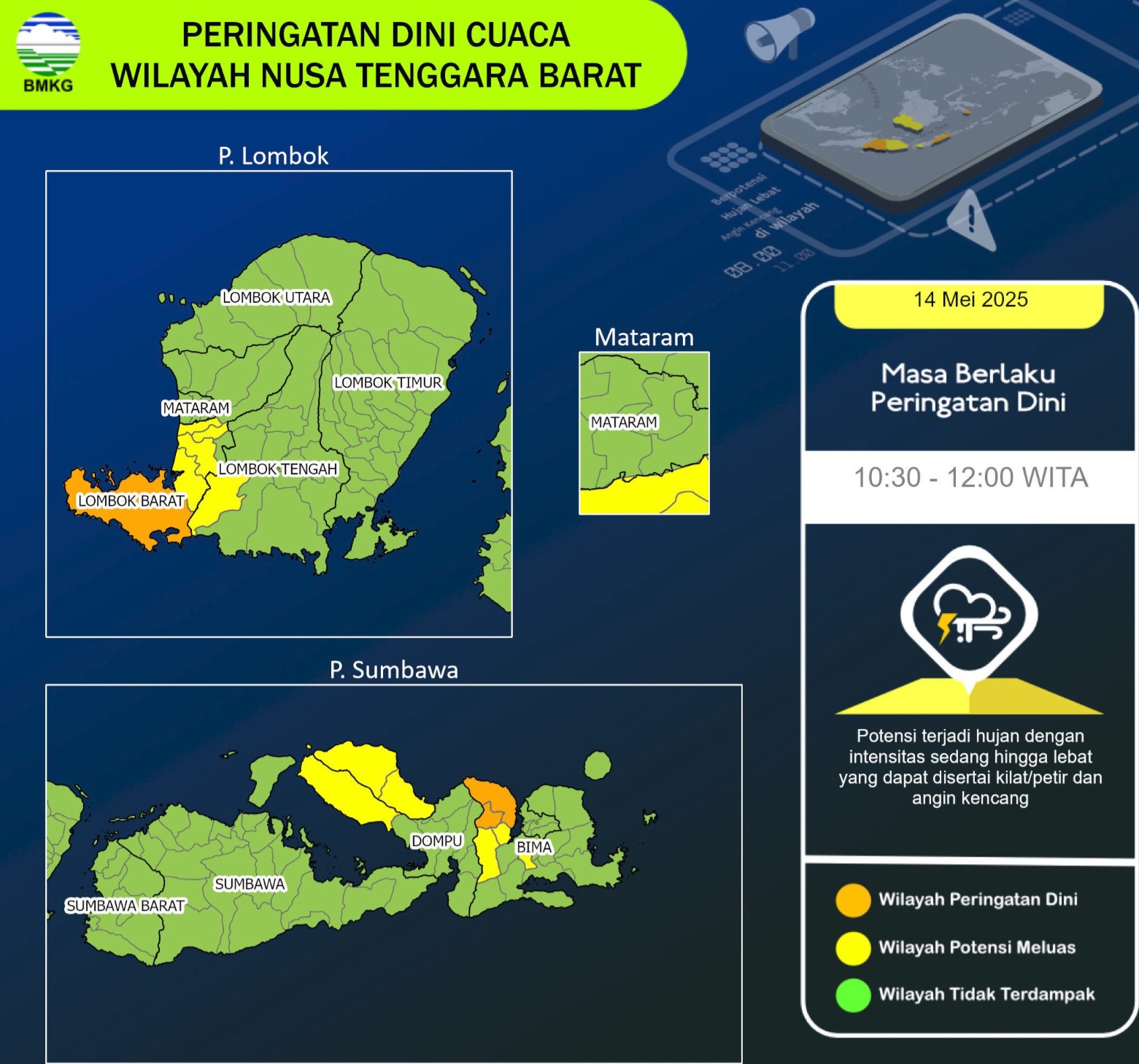PERINGATAN DINI: BMKG mengeluarkan peringatan dini tentang potensi hujan lebat disertai petir dan angin kencang yang terjadi Rabu (14/5).