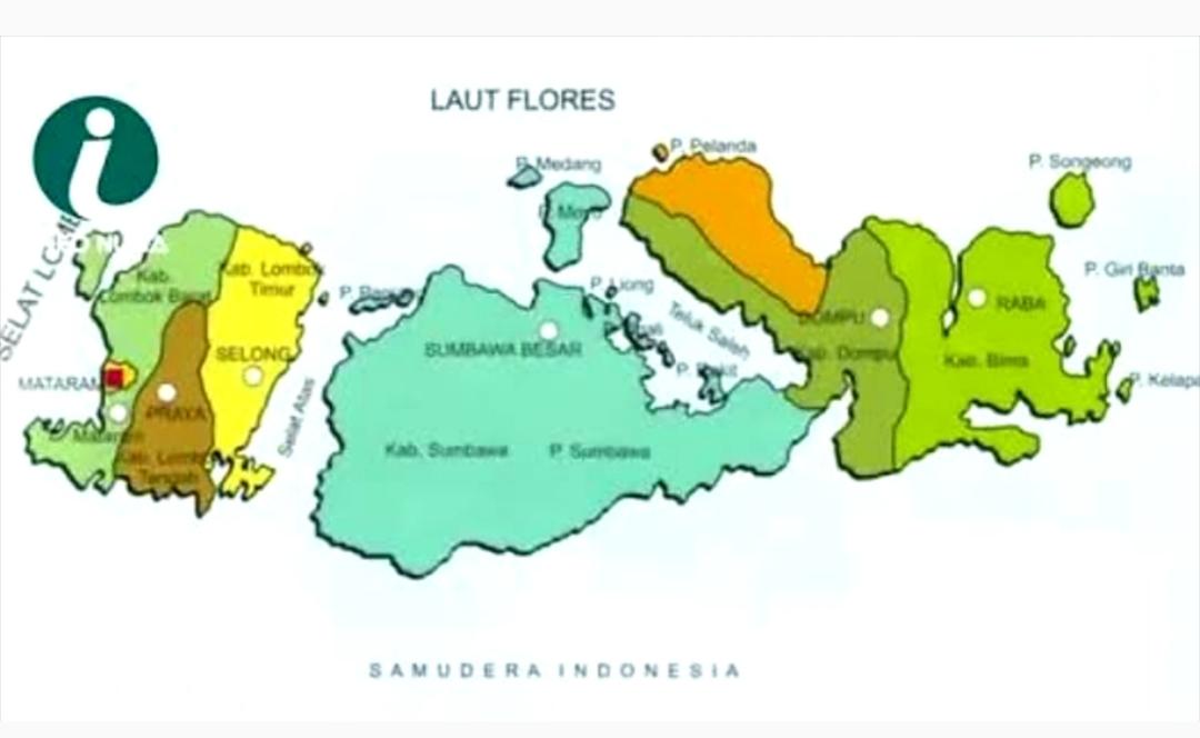 Peta Provinsi Nusa Tenggara Barat yang terbagi menjadi dua pulau, yakni Pulau Lombok dan Pulau Sumbawa.
