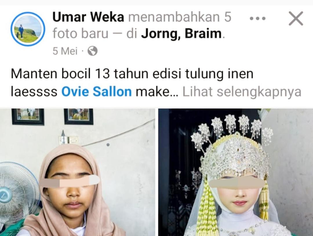 Dalam postingan di Facebook tanggal 5 Mei 2025, akun @umar weka menyebut usia pengantin YL 13 tahun bukan 15 tahun.