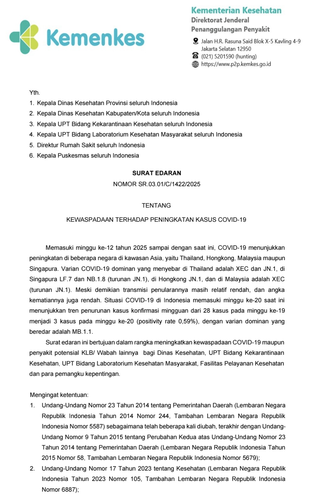 WASPADA: Tangkapan layar surat edaran Kemenkes RI tentang kewaspadaan terhadap peningkatan kasus Covid-19.
