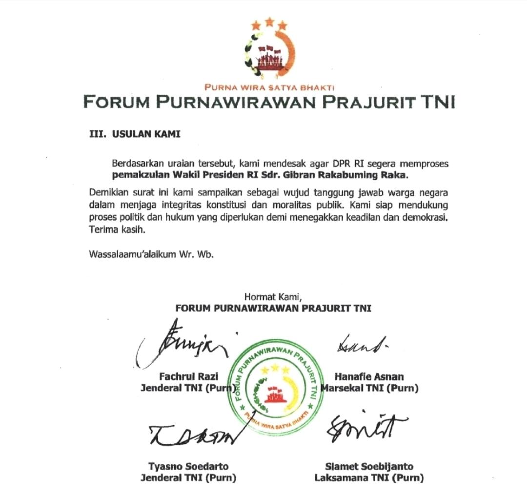 Surat Forum Purnawirawan Prajurit TNI nomor 003/FPPTNI/V/2025 tentang usulan pemakzulan Wakil Presiden Gibran Rakabuming Raka. (istimewa)