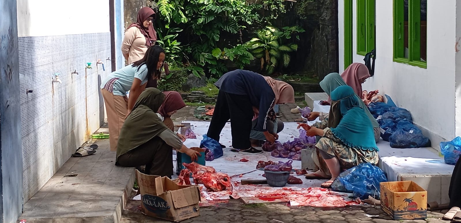 Para guru dan staf SMPN 3 Mataram memotong daging kurban untuk disalurkan ke siswa dan masyarakat sekitar sekolah.