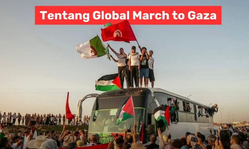 Ilustrasi aksi solidaritas Global March To Gaza, dengan slogan Free Palestine.