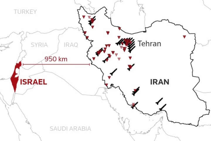 Gambaran jarak Israel dan Iran yang kini terus jual beli serangan.