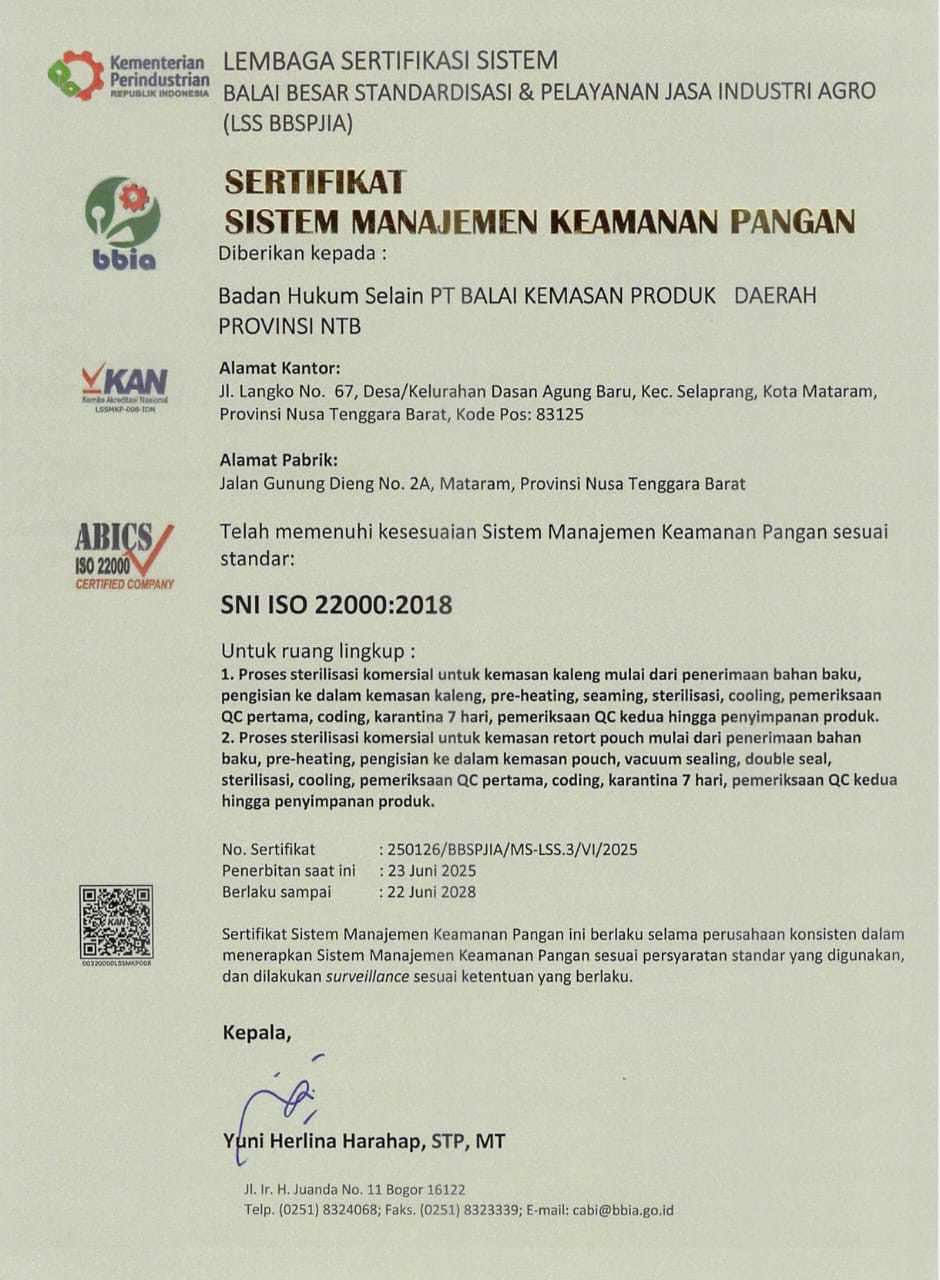 BKPD ntb kembali raih sertifikasi internasional sni iso 22000:2018.