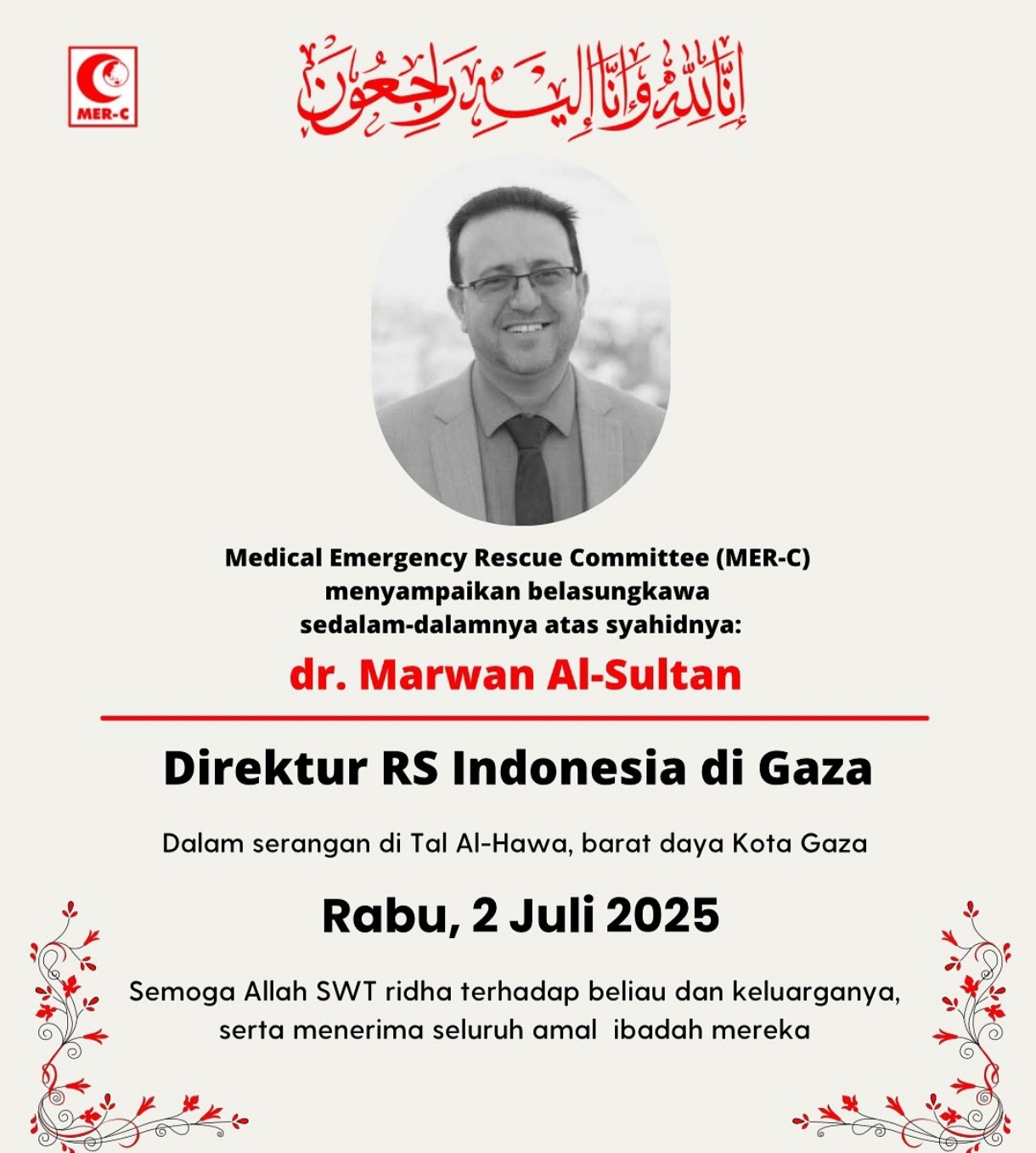 Dokter Marwan Al-Sultan wafat akibat serangan udara zionis Israel. (FOTO: IG MERCINDONESIA)