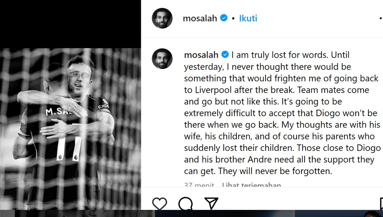 Unggahan Mohamed Salah di akun Instagram mengenang kepergian Diogo Jota.