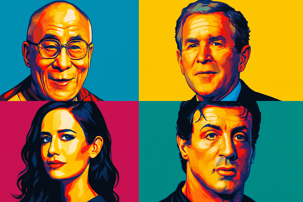 Ilustrasi Dalai Lama, George W Bush, Eva Green, Sylvester Stallone.