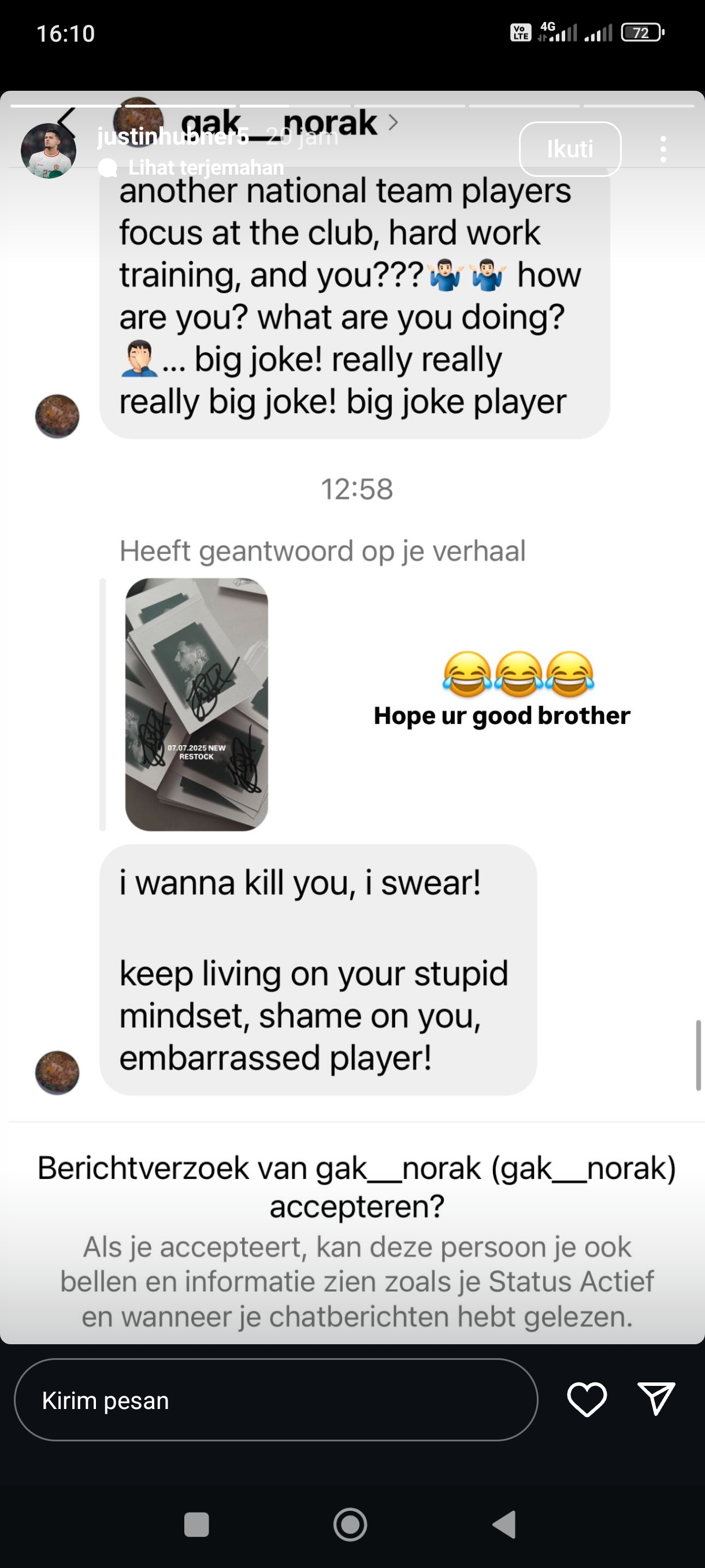 Tangkapan layar dari status IG Justin Hubner yang berisikan ancaman pembunuhan.