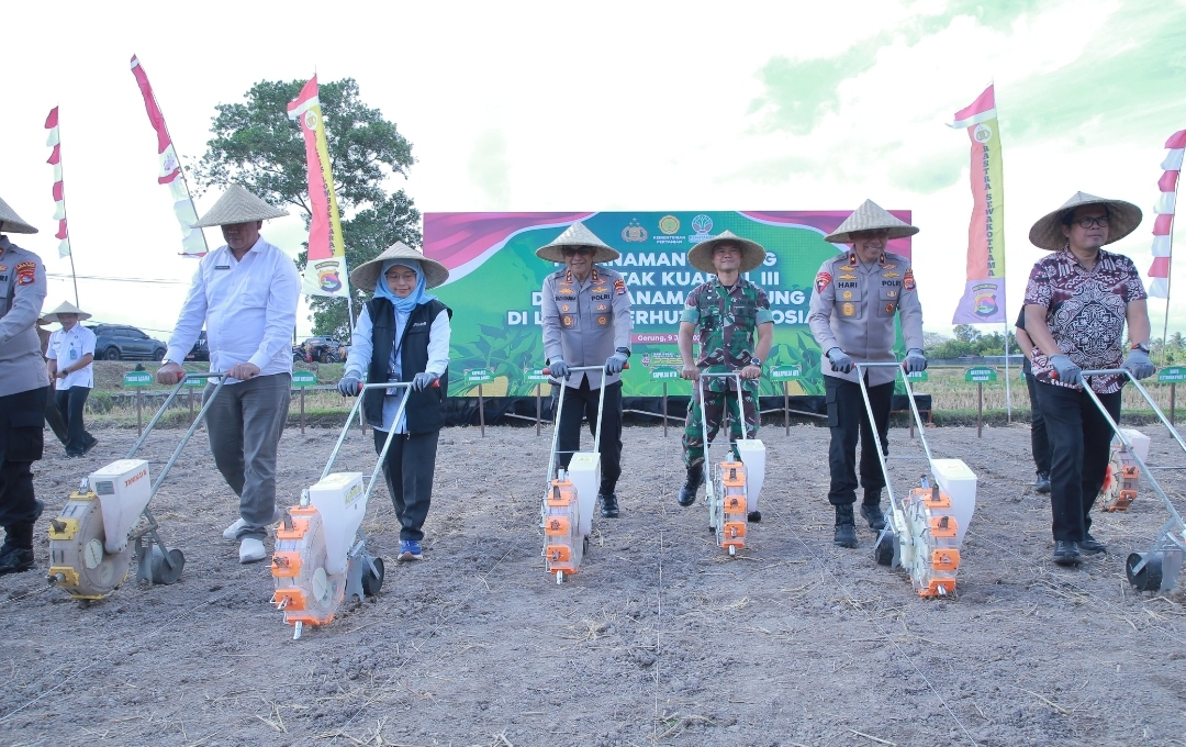 Kapolda NTB Irjen Pol Hadi Gunawan (tengah) melakukan penanaman jagung di Lombok Barat, Rabu (9/7).