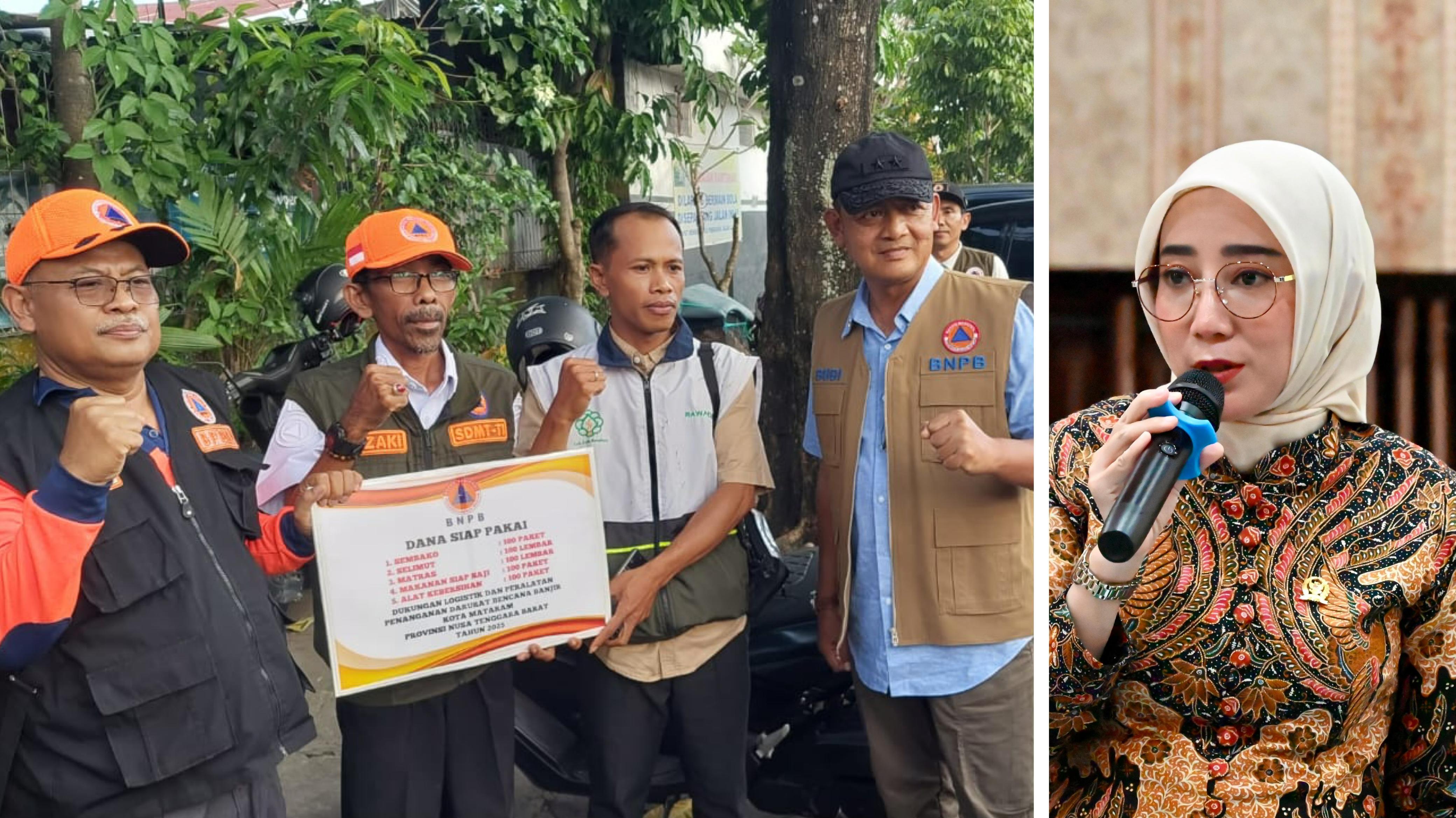 Anggota Komisi VIII DPR RI Hj. Lale Syifaun Nufus menyerahkan bantuan untuk kebutuhan warga terdampak banjir di Kota Mataram, diterima langsung pihak BNPB, BPBD NTB dan Kota Mataram, Rabu (9/7).