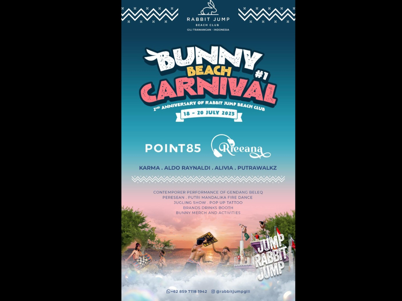 Bunny Beach Carnival perdana yang dilaksanakan Rabbit Jump Gili Trawangan akan menggabungkan musik elektronik dan budaya Lombok di tengah sunset tropis.