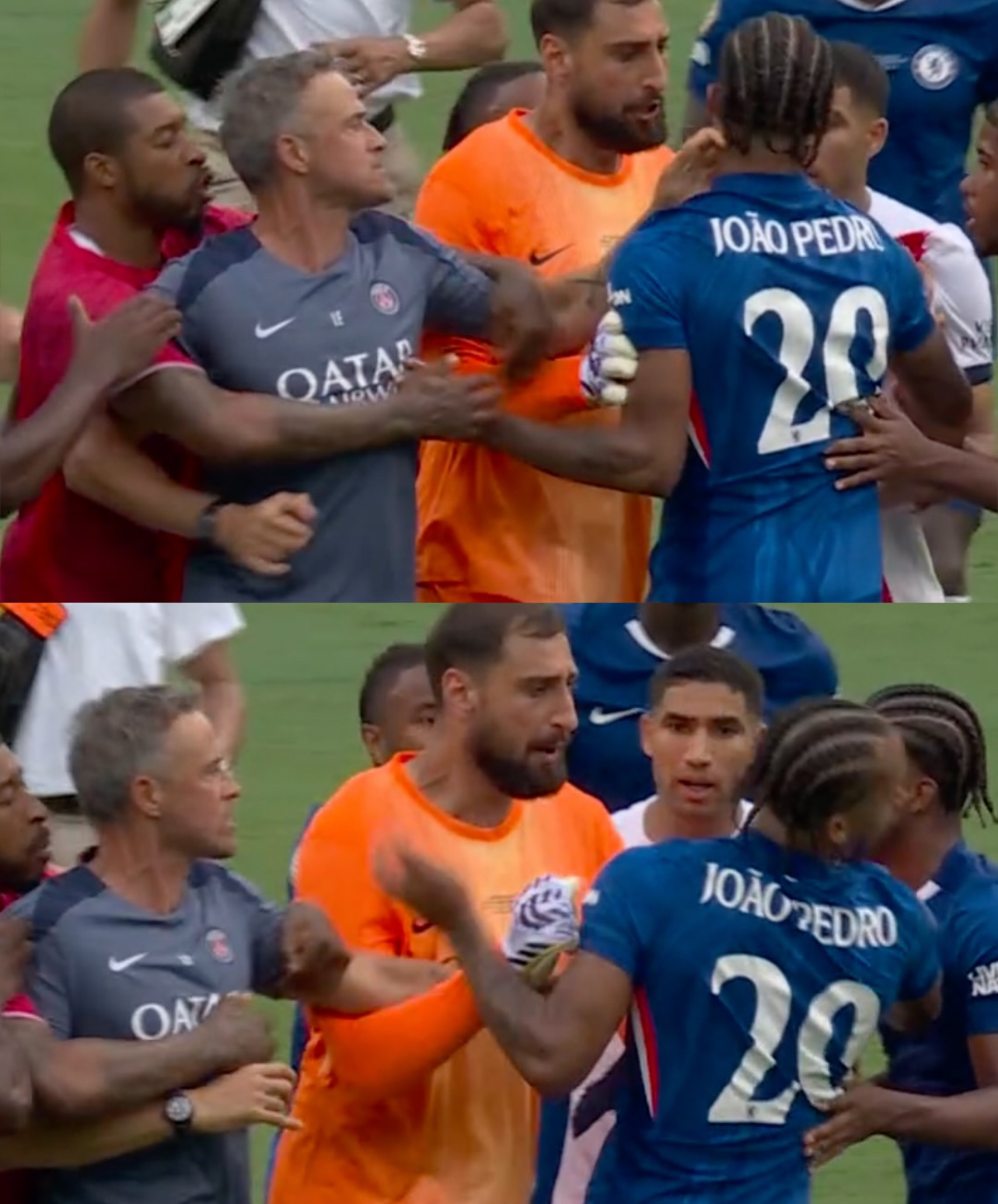 Pelatih PSG (paling kiri) terlibat keributan dengan salah satu pemain Chelsea, Joao Pedro, usai final Piala Dunia Antarklub dini hari tadi.