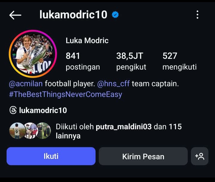 Akun IG Luka Modric yang menuliskan dirinya pemain AC Milan.