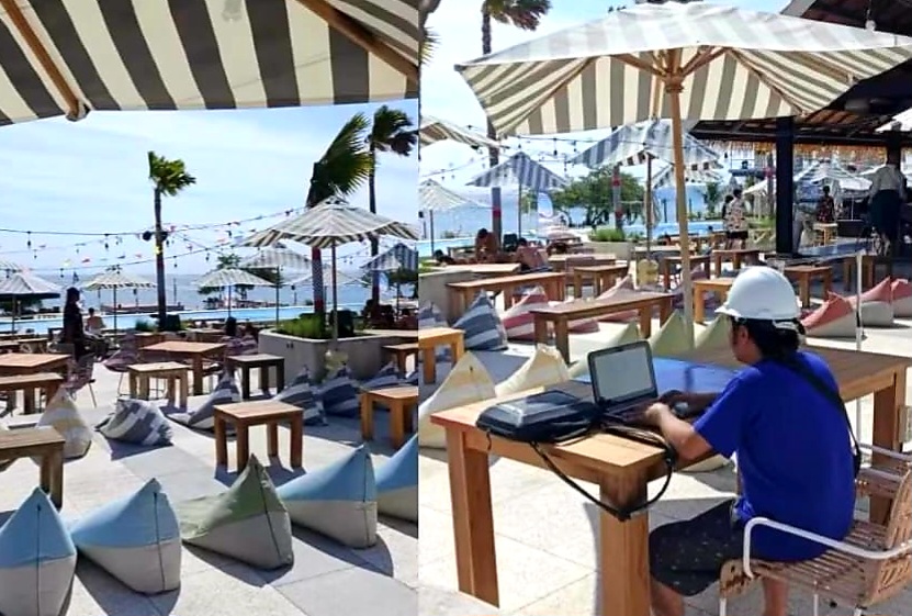 Teknisi dari Nusantara Net memastikan jaringan internet berkecepatan tinggi hadir di area Beach Club Rabbit Jump.