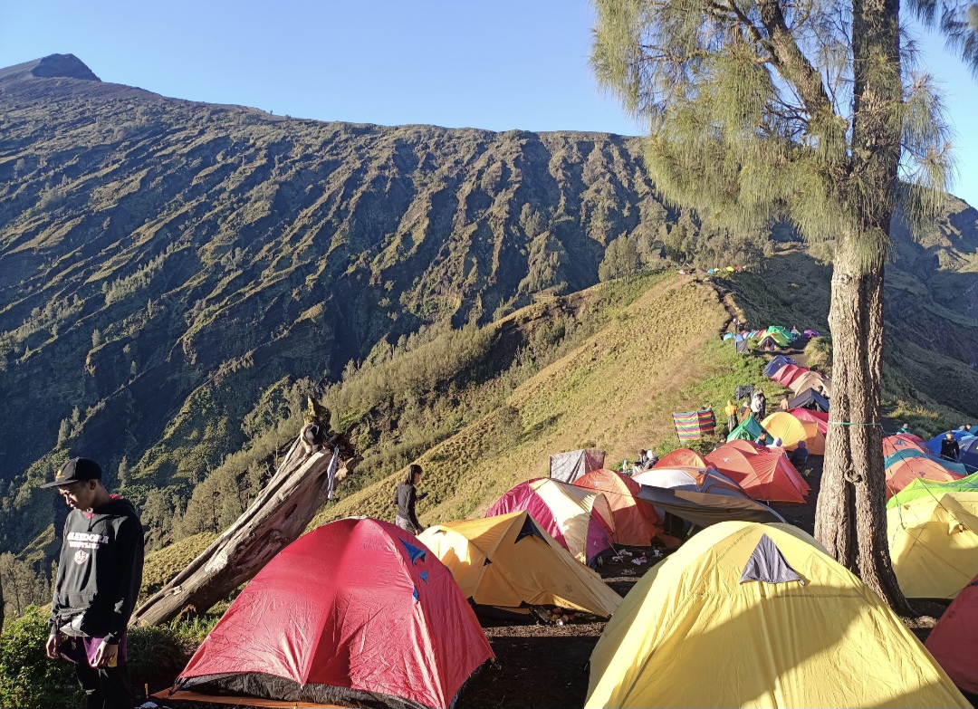 KEMAH : Suasana area perkemahan di Pelawangan Sembalun Taman nasional Gunung Rinjani beberapa waktu lalu . Pemerintah menutup sementara secara total jalur pendakian Gunung Rinjan