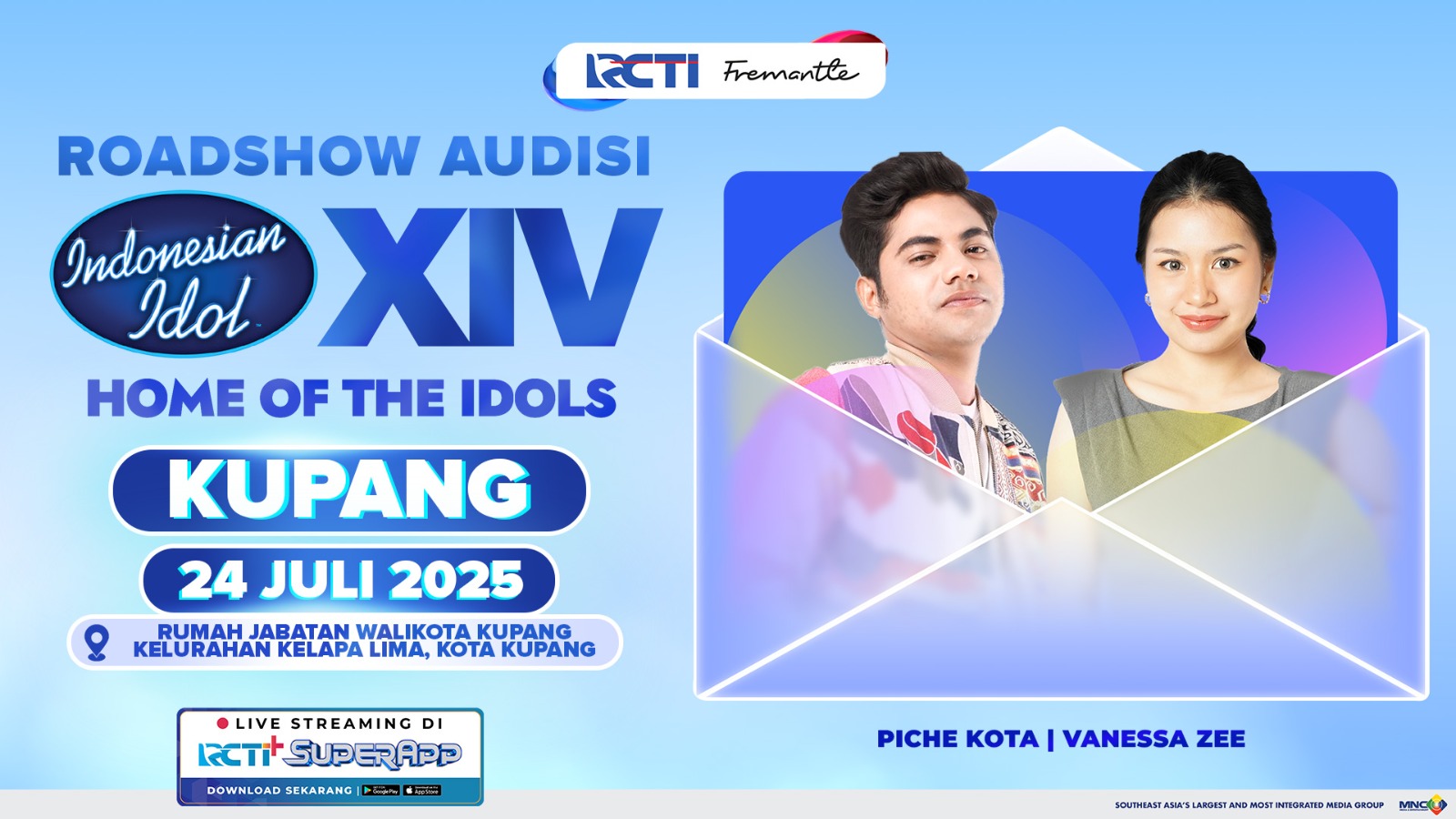 Audisi Indonesian Idol XIV akan diadakan pada 24 Juli 2025 di Rumah Jabatan Walikota Kupang, Kelurahan Kelapa Lima, Kota Kupang.