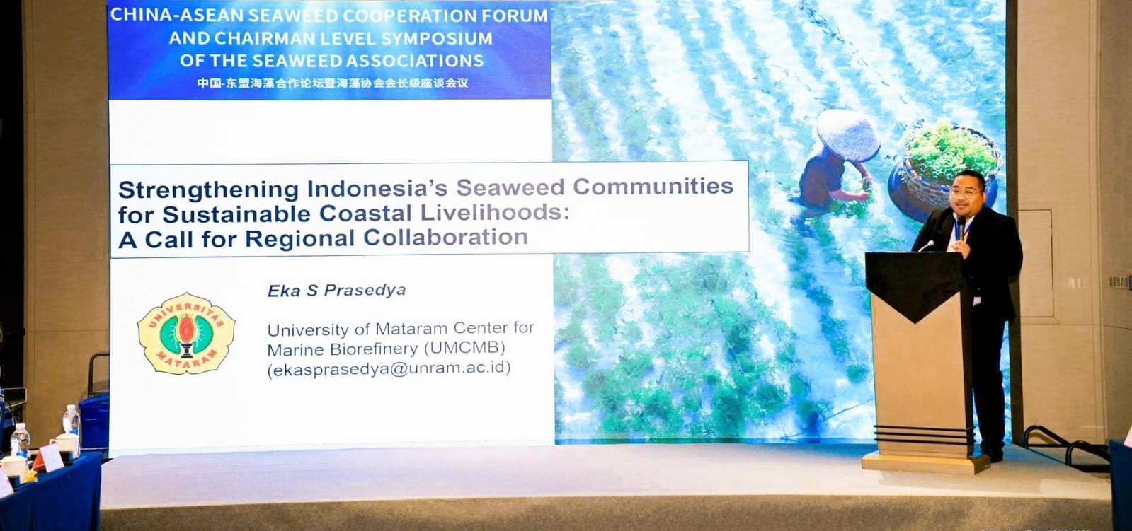 Eka Sunarwidhi Prasedya, peneliti Unram menjadi delegasi Indonesia dalam China-ASEAN Seaweed Corporation Forum & Chairman Level Symposium of Seaweed Associations di Guangzhou Tiongkok pada 12 Juli.